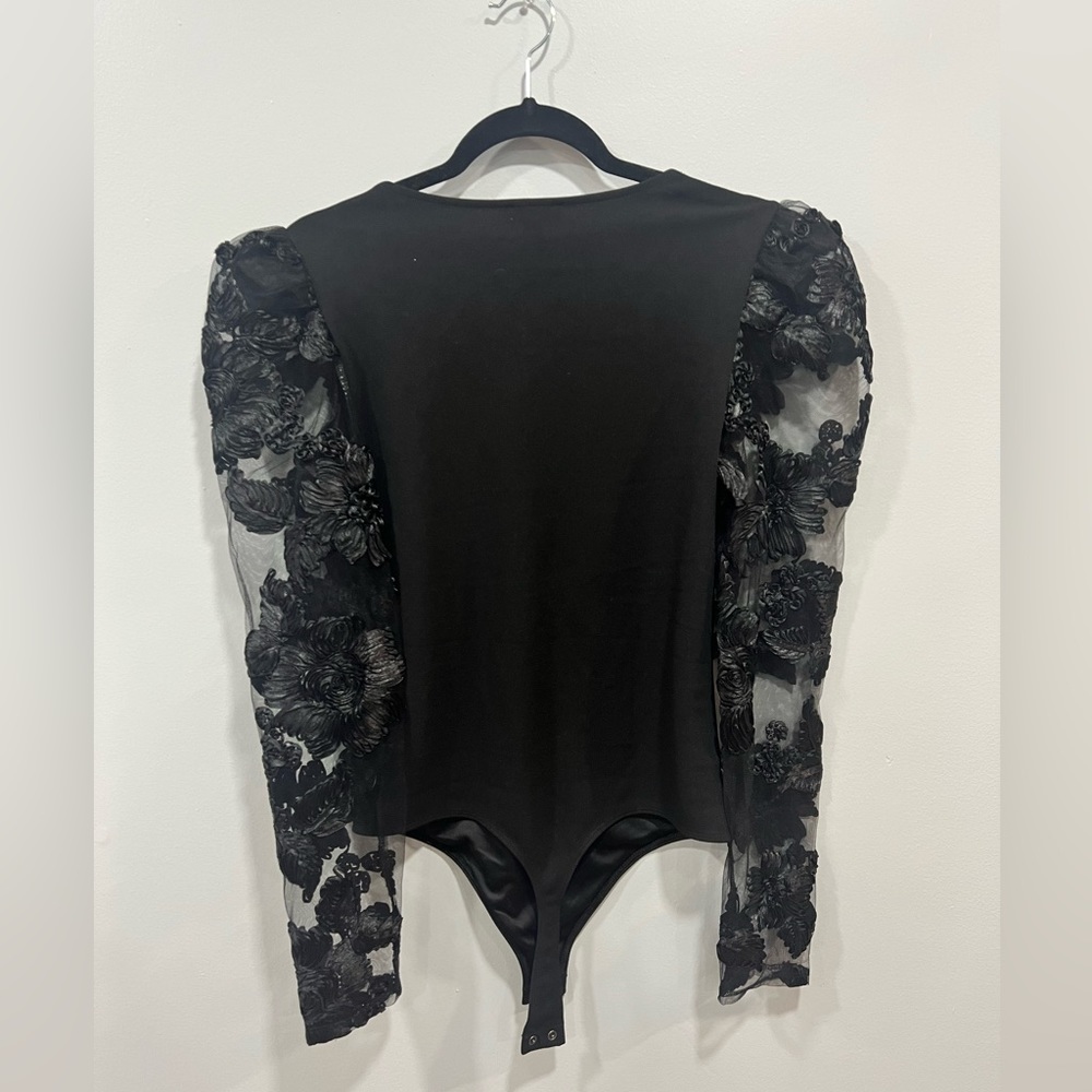 Express Black Bodysuit with Sheer Floral Sleeves - Picture 4 of 4